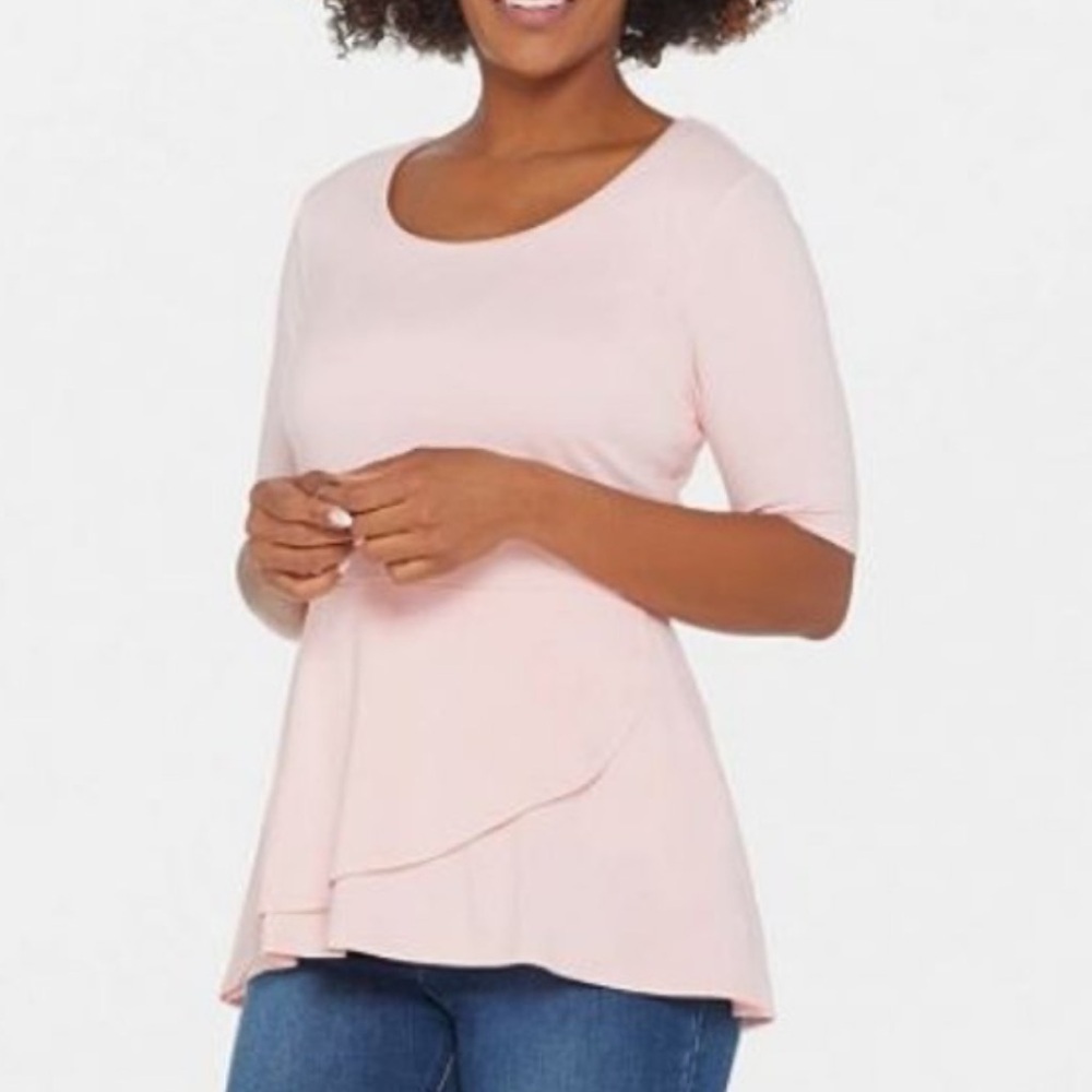 Isaac Mizrahi Live Elbow Sleeve Peplum Flounce Knit Top Pink Sz Small